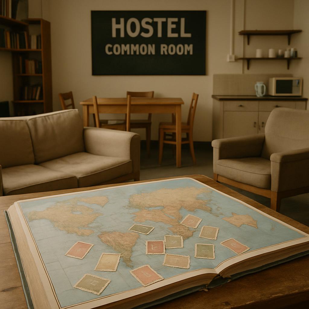 The interior of a hostel common room features a world map displayed on a coffee table, accompanied by a couch, office chai...
